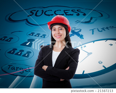 Business woman has many ideas on blue background. Business woman has many ideas on blue background. 21387213