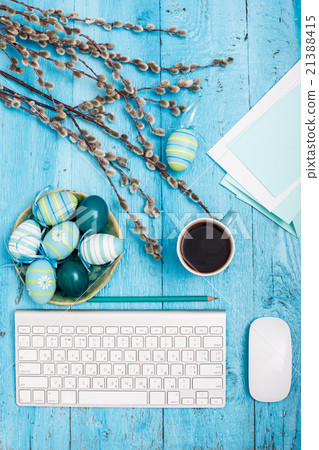 The top view of easter on wooden table office 21388415