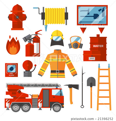 Vector Set Firefighter Fire safety Flat Icons and - Stock Illustration ...