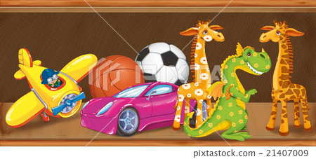 Wooden shelf with children's toys in the store 21407009