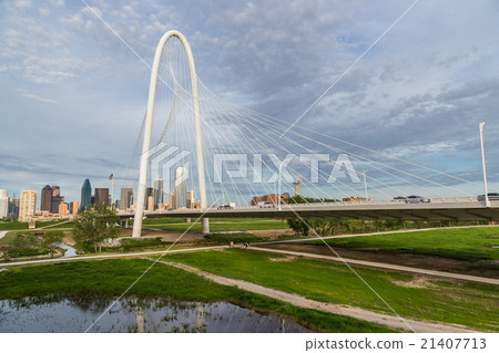 Margaret Hunt Hill Bridge and Dallas downtown, TX 21407713