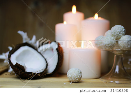 Cokonut candy on wooden background 21410898