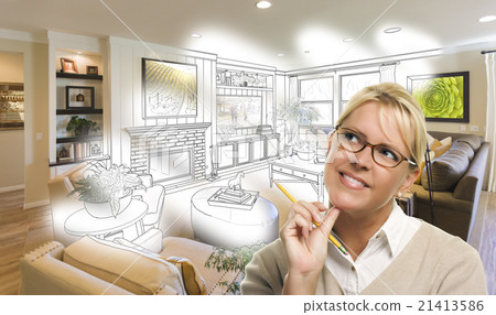 Woman With Pencil Living Room Design Drawing Photo Woman With Pencil Living Room Design Drawing Photo 21413586