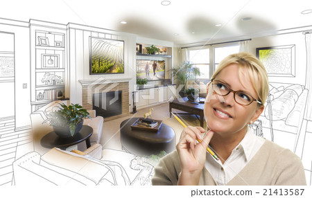 Woman With Pencil Over Living Room Drawing Photo Woman With Pencil Over Living Room Drawing Photo 21413587