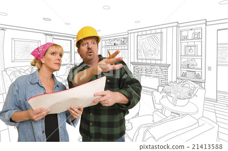Contractor Talking With Woman Over Room Drawing Contractor Talking With Woman Over Room Drawing 21413588
