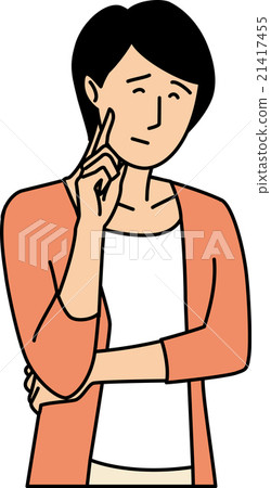 一個二十幾歲的女人用手指在她的臉頰上笑 一個二十幾歲的女人用手指在她的臉頰上笑 21417455