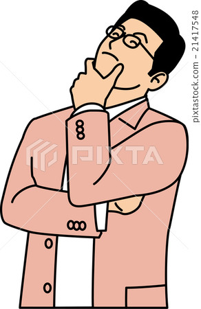 Men in their 30s with their hands on their chin and facing up with a smile 21417548