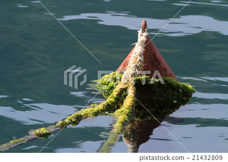 Old red buoy covered with algae in the sea closeup 21432809