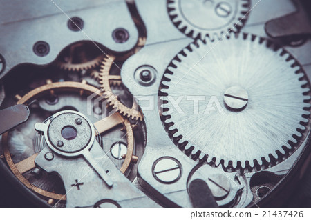 Clockwork . Close-up Of Old Clock Watch Mechanism  21437426