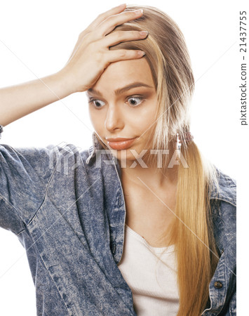 young blond woman on white backgroung gesture young blond woman on white backgroung gesture 21437755