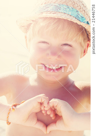 Happy Boy Make Heart Sign Hands Gesture Summer Happy Boy Make Heart Sign Hands Gesture Summer 21446758