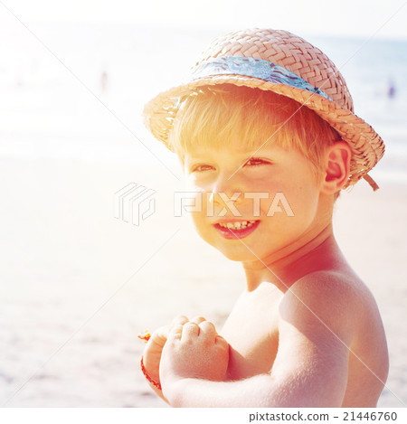 Portrait Happy Boy Straw Hat Make Hand Heart Sign Portrait Happy Boy Straw Hat Make Hand Heart Sign 21446760