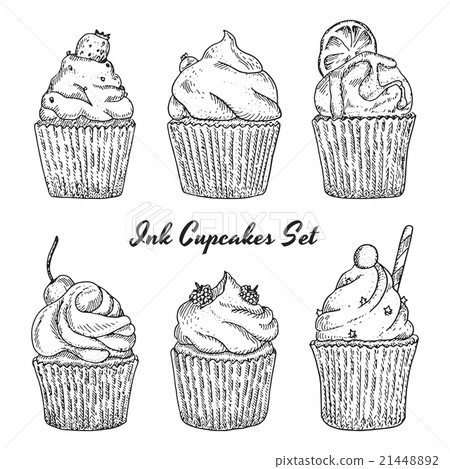 Ink hand drawn cupcakes set, isolated Ink hand drawn cupcakes set, isolated 21448892