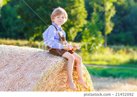 Two little kid boys and friends sitting on hay Two little kid boys and friends sitting on hay 21452092