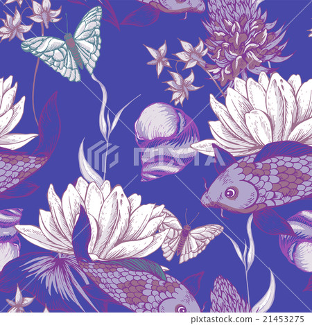 Vintage pond water flowers vector seamless pattern 21453275