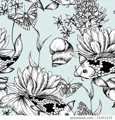 Vintage pond water flowers vector seamless pattern 21453279