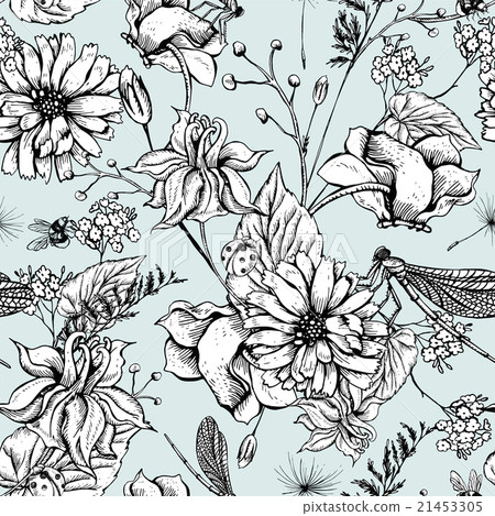 Stock Illustration: Vintage garden flowers vector seamless pattern