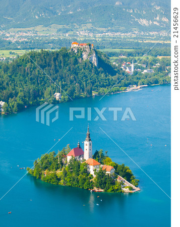 Bled - mountain lake with island church and castle 21456629