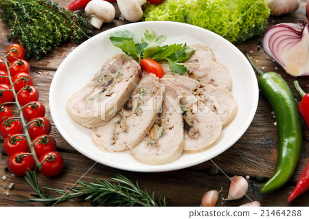 Restaurant food. Sliced white meat roulade 21464288