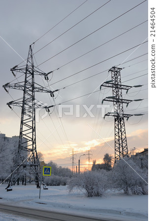 Supports high-voltage power lines in the city Supports high-voltage power lines in the city 21464504