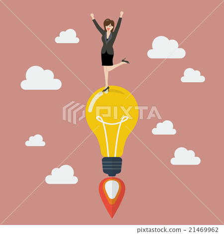 Business woman on a lightbulb idea rocket. 21469962
