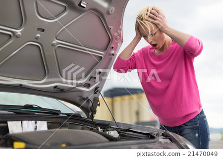 Stressed Young Woman with Car Defect. Stressed Young Woman with Car Defect. 21470049