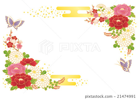 New Year's cards Japanese-style flower and gold leaf frame postcard size 21474991