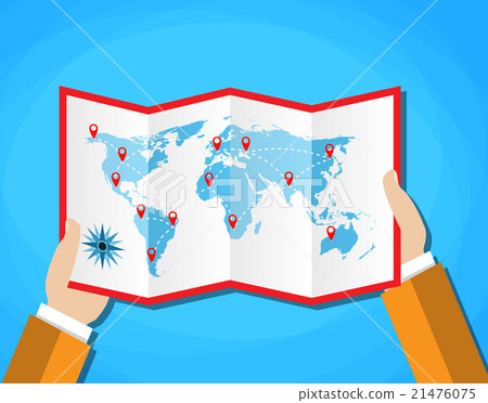 Cartoon hands hold folded paper map of world with Cartoon hands hold folded paper map of world with 21476075