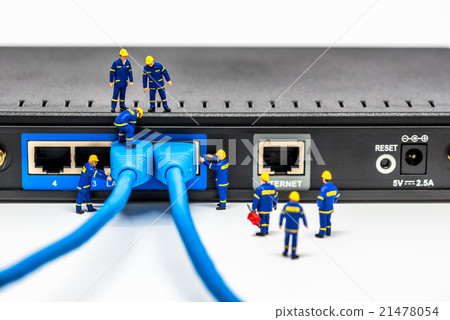 Group of engineers connecting fiber network cables 21478054