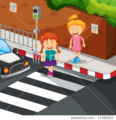 Two girls crossing the road 21480003