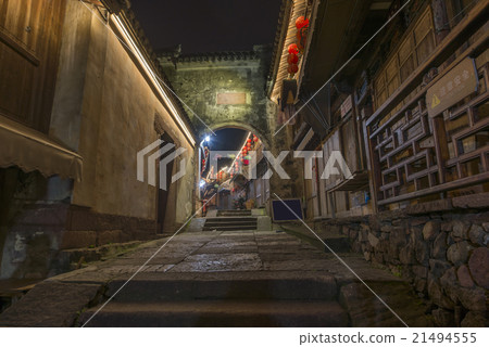 Chinese ancient architecture corridor night 21494555