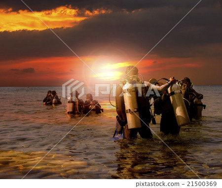 group of scuba diving preparing to night diving 21500369
