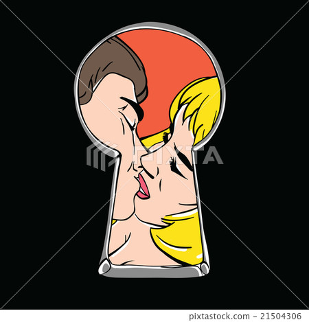 Peeping couple kiss through keyhole. Peeping couple kiss through keyhole. 21504306