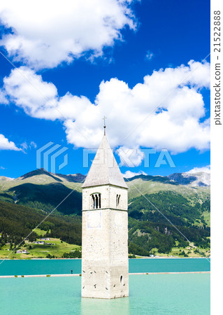 tower of sunken church in Resia lake, South Tyrol 21522888