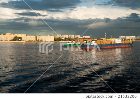 Large container vessel in Neva river in Saint 21532206