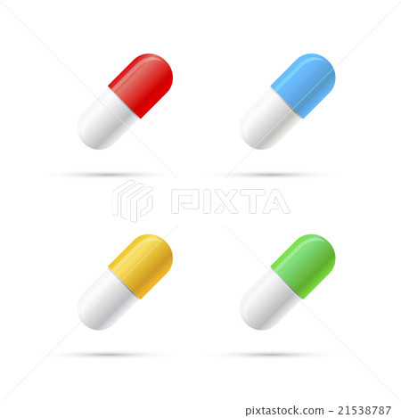 Set of different colours pills, capsules on white Set of different colours pills, capsules on white 21538787