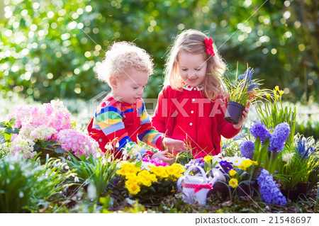 Kids planting flowers in blooming garden Kids planting flowers in blooming garden 21548697