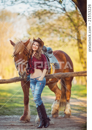 Woman and Horse. Wild West Retro Style 21553226