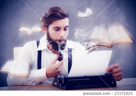 Composite image of hipster with smoking pipe working on typewriter 21572025