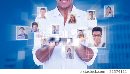Composite image of portrait of smiling man showing tablet comput Composite image of portrait of smiling man showing tablet comput 21574111