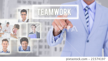 Composite image of businessman touching invisible screen 21574197