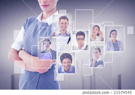 Composite image of portrait of serious businesswoman standing ar Composite image of portrait of serious businesswoman standing ar 21574545