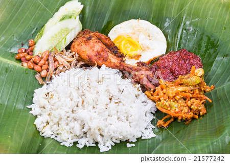 Traditional nasi lemak cuisine on banana leaf 21577242