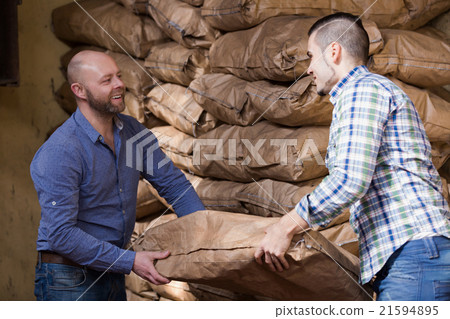 workmen unloading shed with coal bags workmen unloading shed with coal bags 21594895