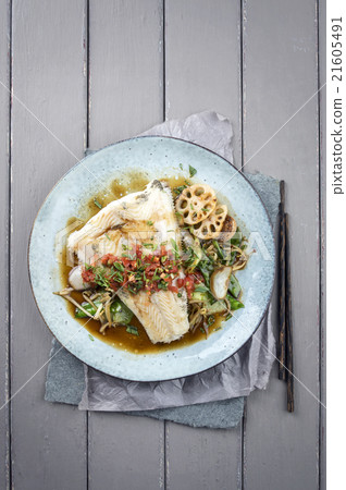 Halibut Filet with Thai Vegetable Halibut Filet with Thai Vegetable 21605491