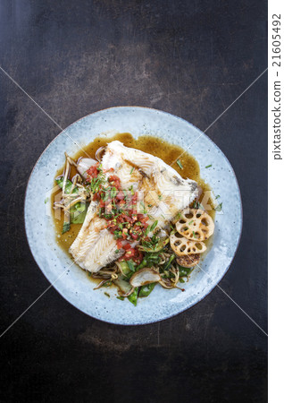 Halibut with Thai Vegetable on Plate Halibut with Thai Vegetable on Plate 21605492