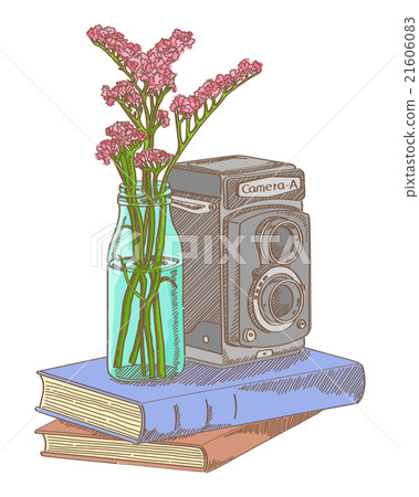 Vector sketch of photo camera book and flower 21606083