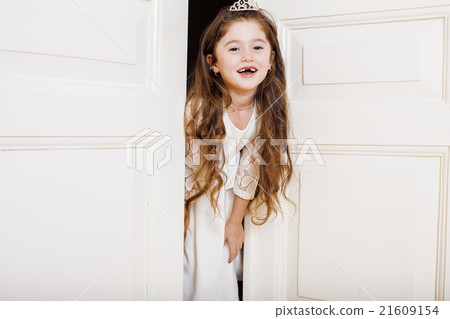little cute girl at home, opening door well little cute girl at home, opening door well 21609154