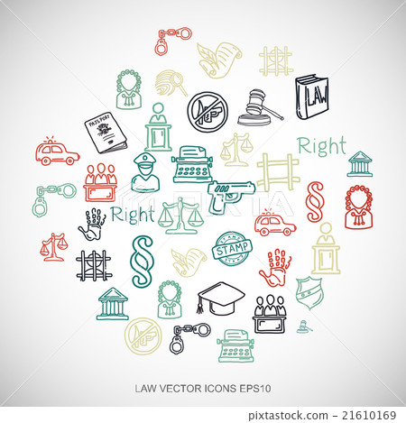 Law Multicolor doodles Hand Drawn Law Icons set on 21610169