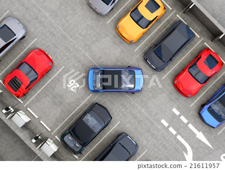 The blue car is backed in the parking space in the bird's eye view parking space The blue car is backed in the parking space in the bird's eye view parking space 21611957